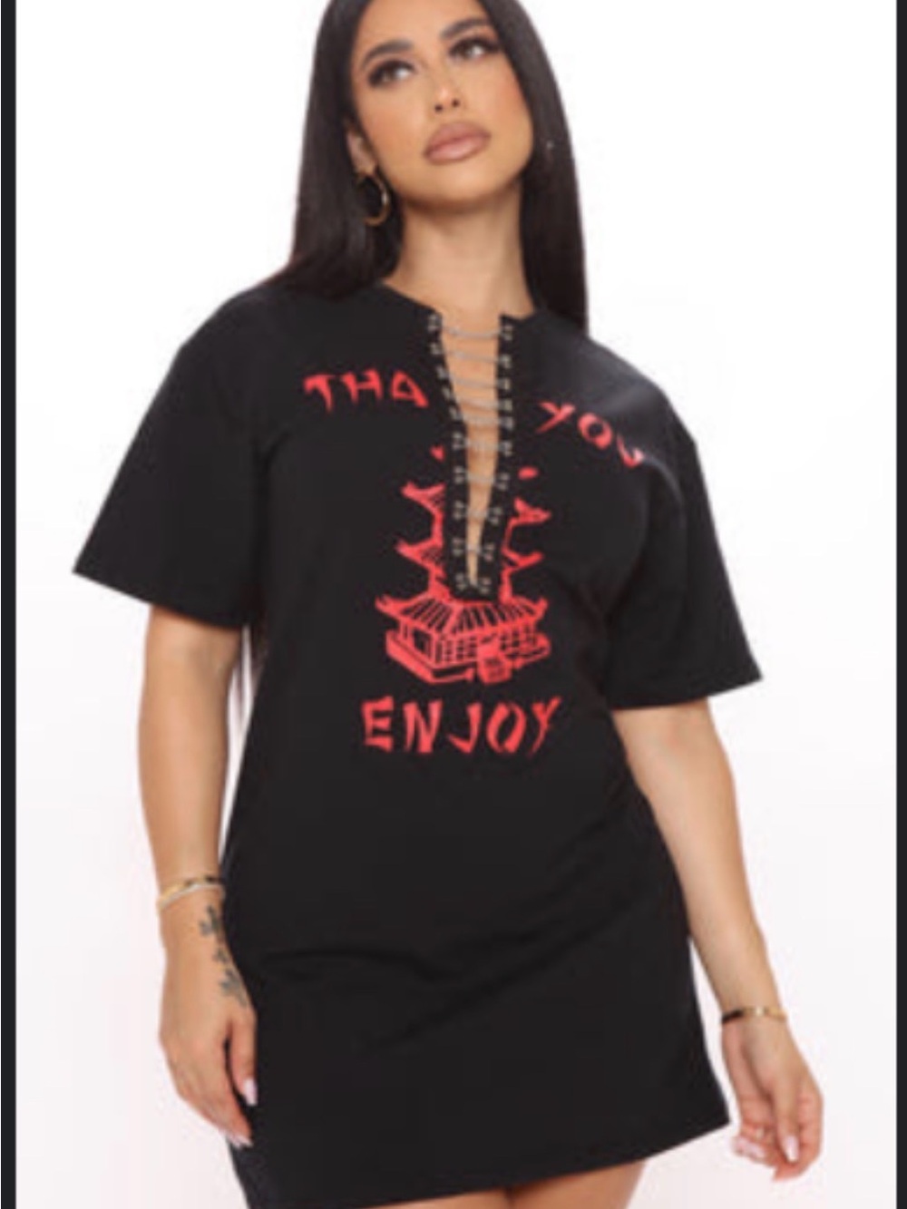 Fashion Nova Black Short Sleeve Lace-Up Graphic Tunic with Red Print